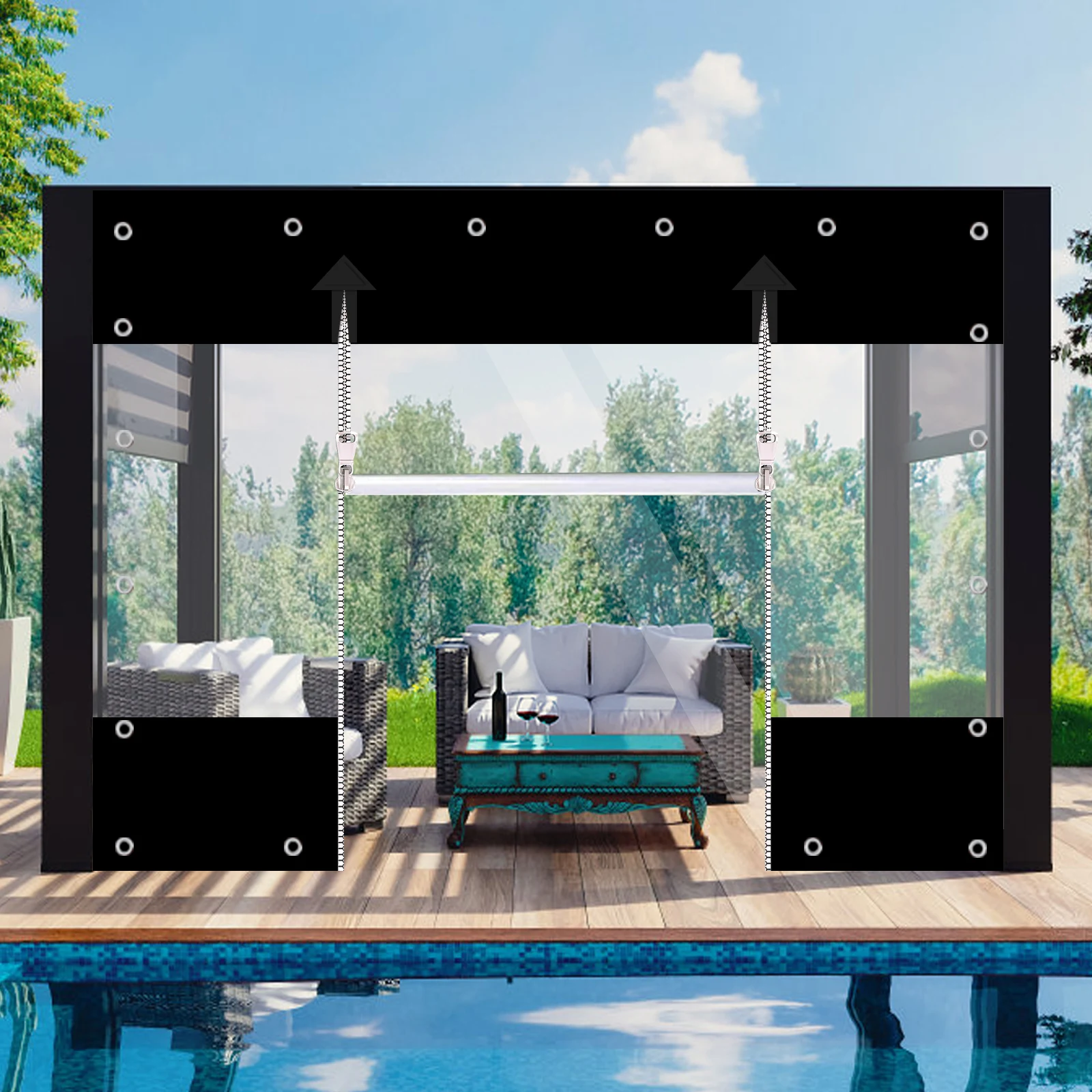 Klare Vinyl-Vorhänge mit Reißverschluss, 650 g/m2, robuste, wasserdichte Plane, wetterfeste Paneele für Veranda, Pergola, Pavillon