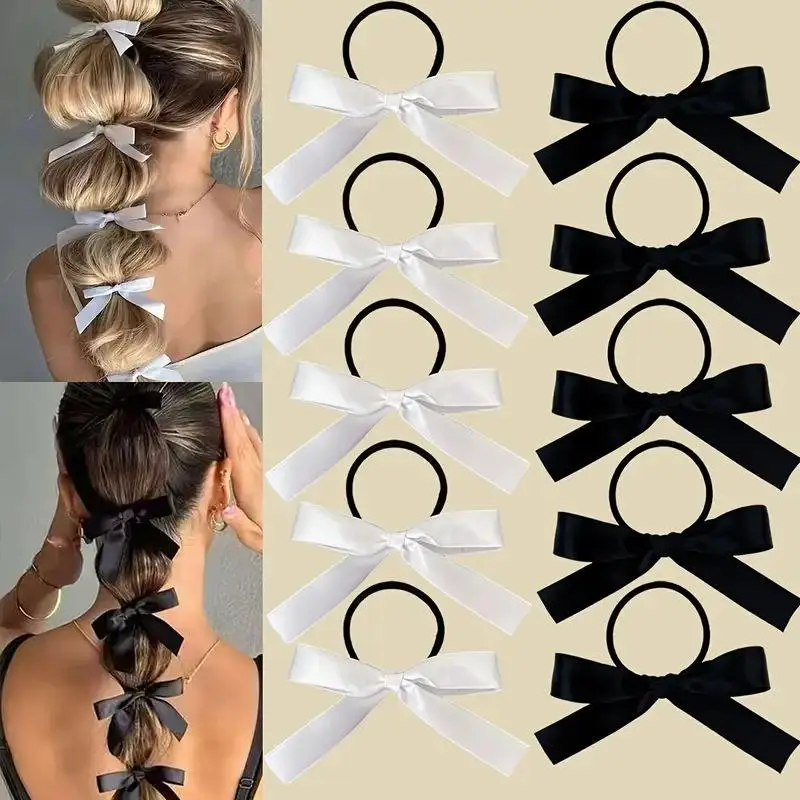 (Sommer6)5 Stück modische schwarze Schleife Haargummis Pferdeschwanzhalter elastische Haarbänder Haargummis für Frauen Mädchen Party Haarschmuck