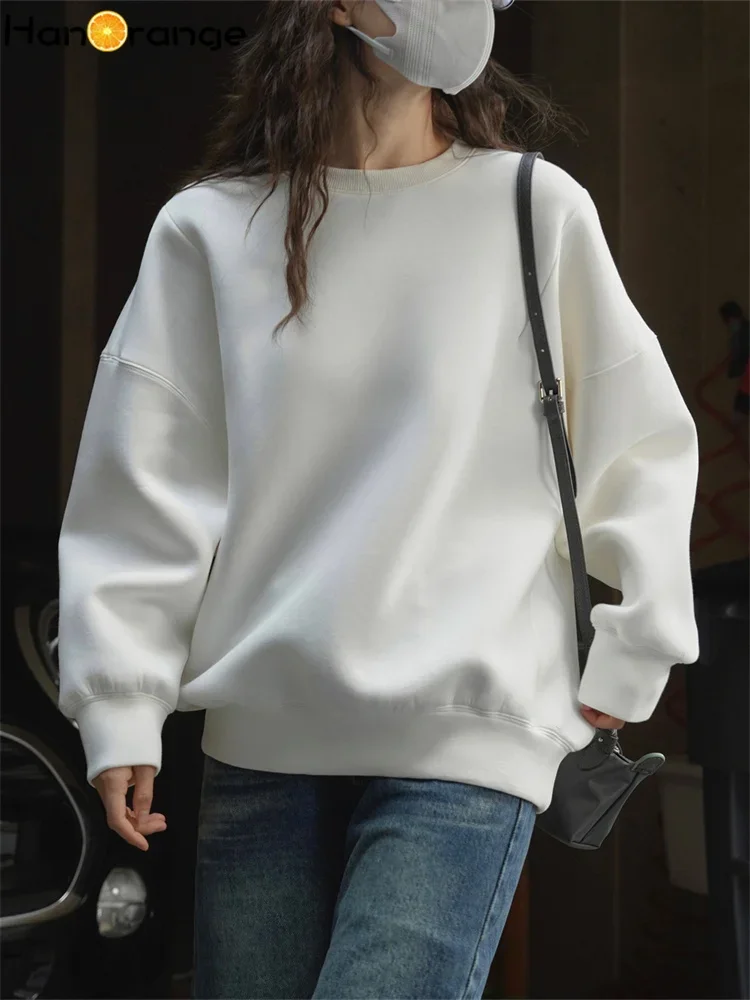 HanOrange 2024 Spring Autumn Simple Casual Air Layer Sweatshirt Women Loose Straight Top White/Gray Apricot