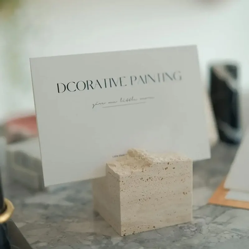 

Natural Travertine Stone Business Card Holder for Desk Polished Marble Wedding Table Signs Photo Display Desktop Memo Holder