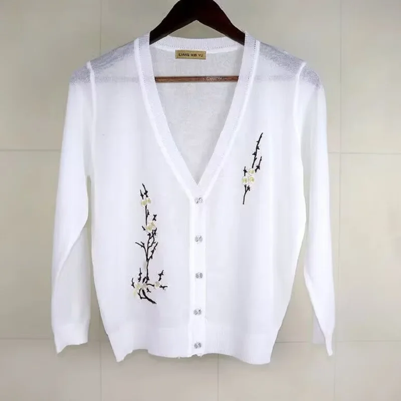 Womens Knitted Cardigan Embroidered Thin Sweater