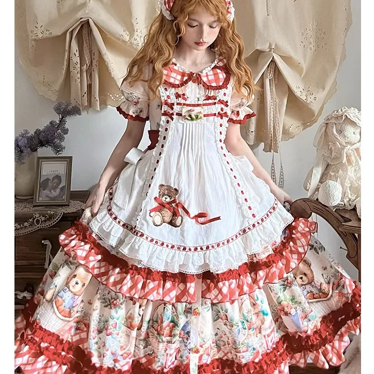 Princess Tea Party Lolita ชุดสาวผู้หญิงน่ารักสตรอเบอร์รี่หมีพิมพ์หวาน Kawaii ชุดวันเกิดชุดผ้ากันเปื้อน Loli Cos ชุด