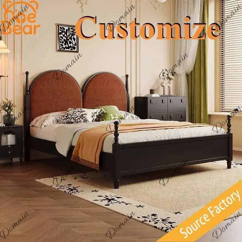 Modern Any Size Custom Mid Century Rubber Wood Bed Double Arched Upholstered Headboard Sturdy Durable Vintage Classic Bedroom Fu