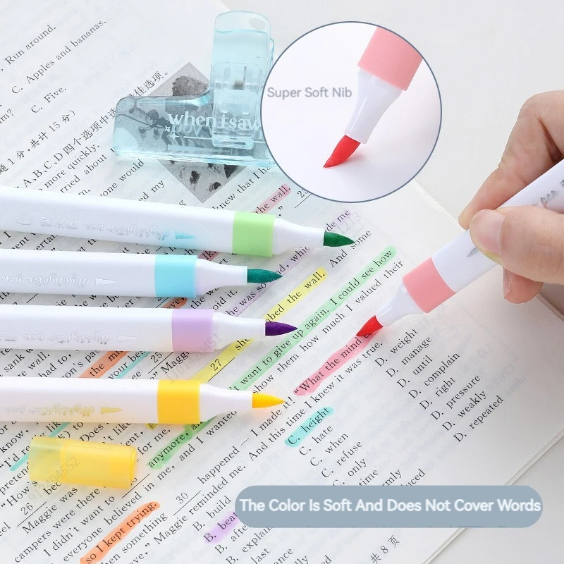 6 Colors Kawaii Pastel Highlighter Pen Set Super soft Brush Fluorescent Markers Pens Art Marker Japanese Cute Stationery