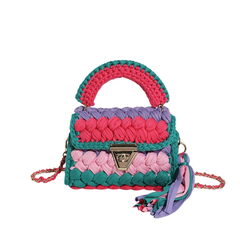 Knitting Bags for Women Handmade Woven Handbags with Chain Ladies Fashion Solid Color Square Crochet Bag