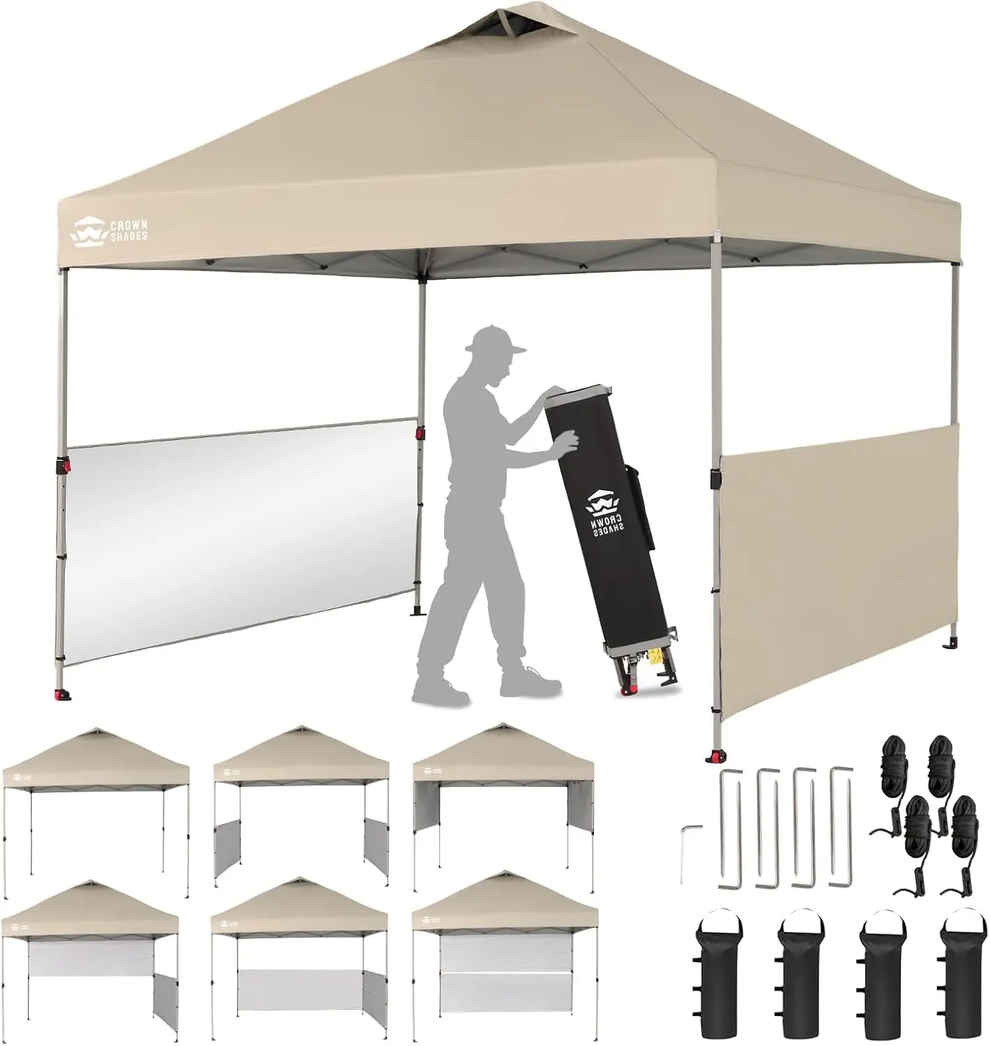

10x10 Pop up Canopy Tent Instant Canopy with 150D Silver Coated Fabric, Sidewalls, Ropes, Stakes, Weight Bags, Carry Bag, Beige