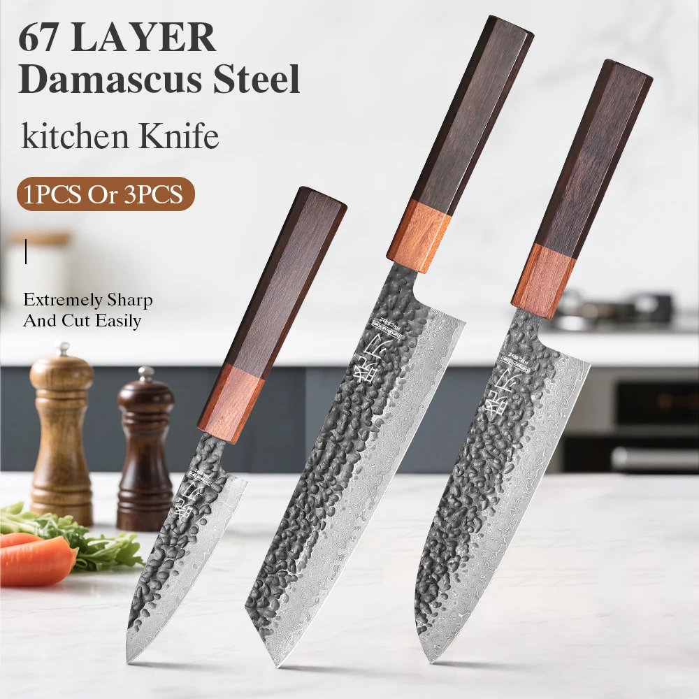 Juego de Cuchillos de Cocina Profesionales de 1 a 3 Piezas, Hechos a Mano en Japón, Acero de Damasco de 67 Capas, Cuchillo de Chef Kiritsuke, Cuchillo Santoku, Cuchillo para Pelar