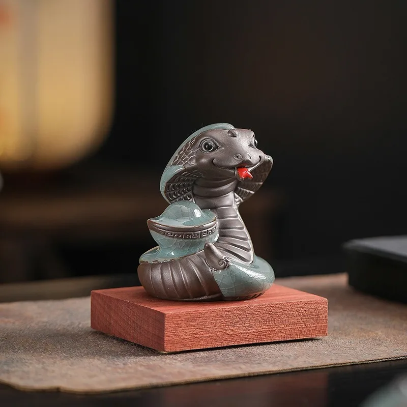 Serpent Zodiac Ceramic Sculpture Auspicious Tea Companion Desk Ornament Collection Handmade Snake Figurines DIY Desk Decoration