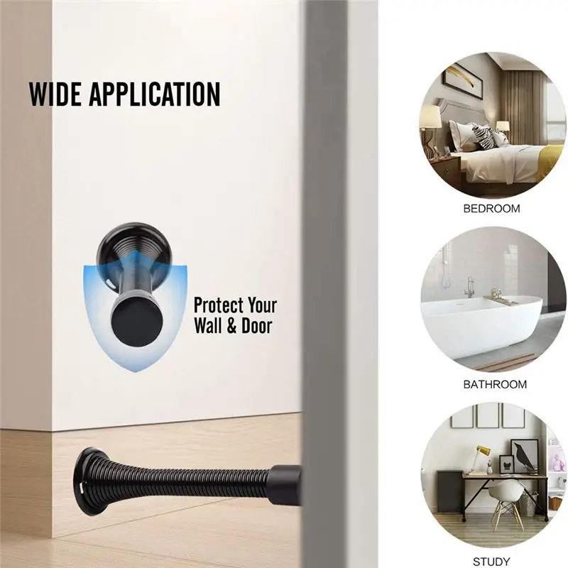 【ELEVATE LIFE】12 Pack Black Spring Door Stops, Flexible Spring Door Stopper with Low Mounted Black Rubber Bumper Tips ABDD