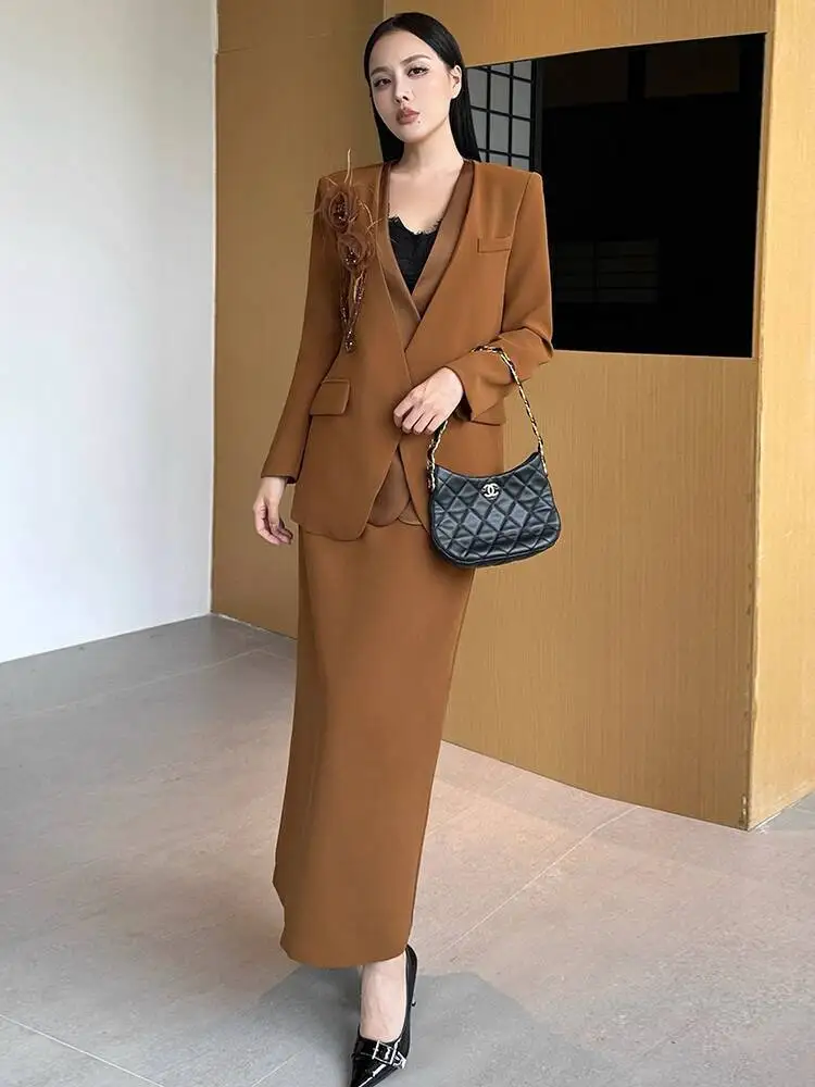 BEWQ-Conjunto de 2 uds de moda para mujer, chaqueta holgada de manga larga con cuello en V y retazos de flores en 3D, falda de cintura alta, traje de fiesta, otoño 2025