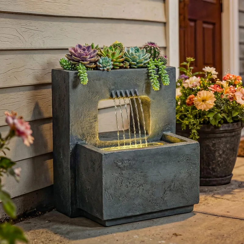 Zweistufige Gartenbrunnenanlage im Stein-Stil mit LED-Beleuchtung, Pflanzkasten und verstellbarer Pumpe 45x31,5x58,5 cm
