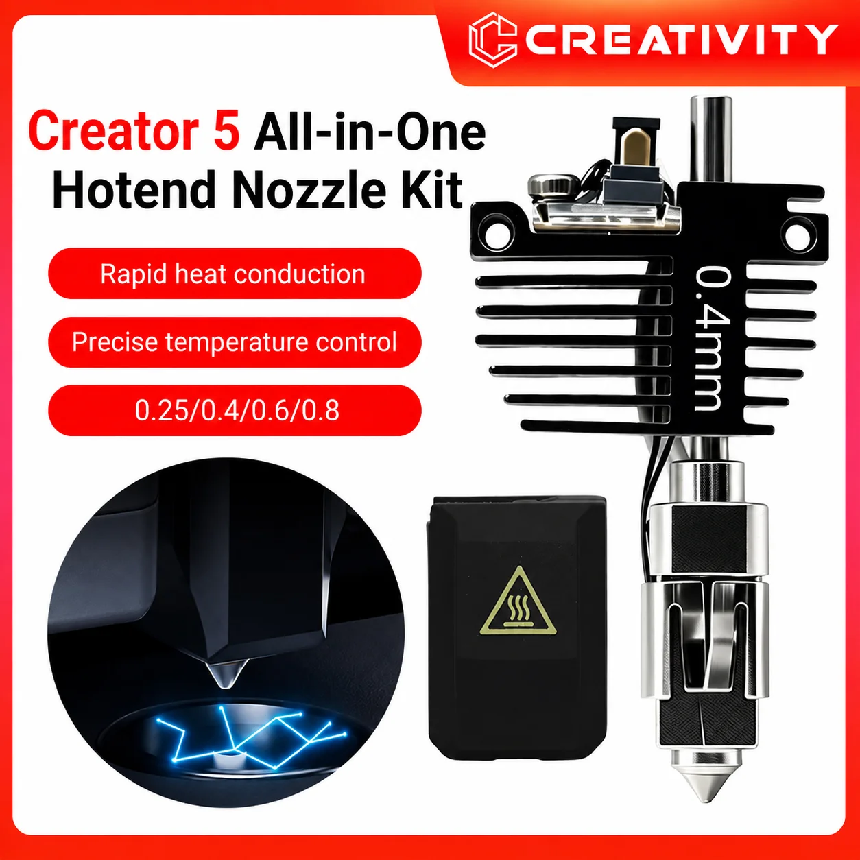 For Flashforge Creator 5/5 Pro Hotend Nozzle Kits 0.25/0.4/0.6/0.8mm All in One Extruder Hot End Kits for C5 Series 3D Printer