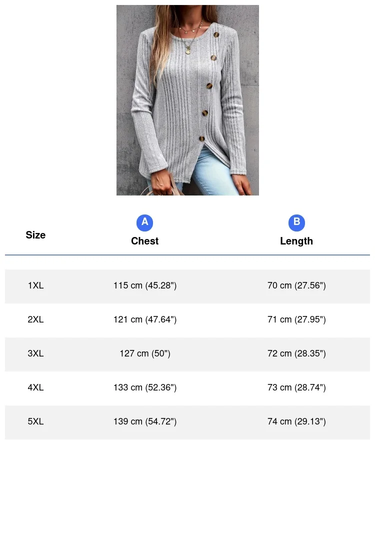 Plus Size Women Ribbed Knit Top, Elastic Long Sleeve Round Neck Tunic with Decorative Buttons Casual Ladies Blouse image 6