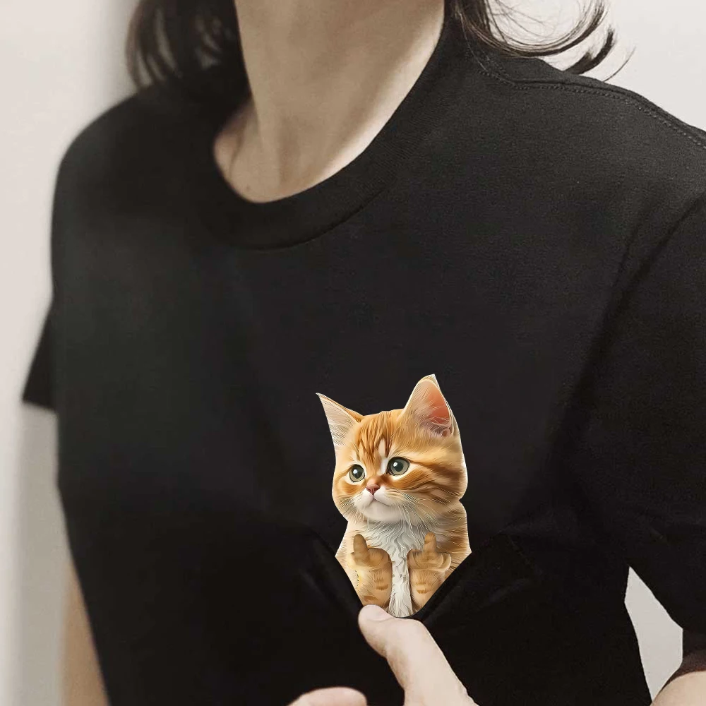 CLOOCL Animal Cats Cotton T-Shirts Funny Cute Kitten Double Middle Finger Print Pocket T-shirt Women Clothing Short Sleeve Tees