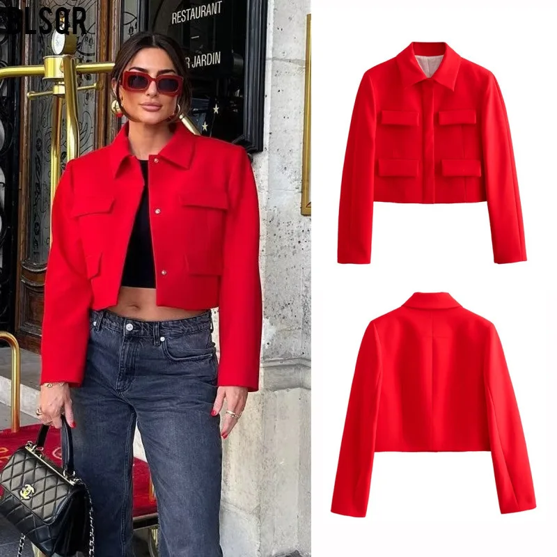 Lapel Pocket Red Jacket Women 2023 Autumn Winter Long Sleeve Single-breasted Casual Short Coat Elegant Office Lady Commuter Tops