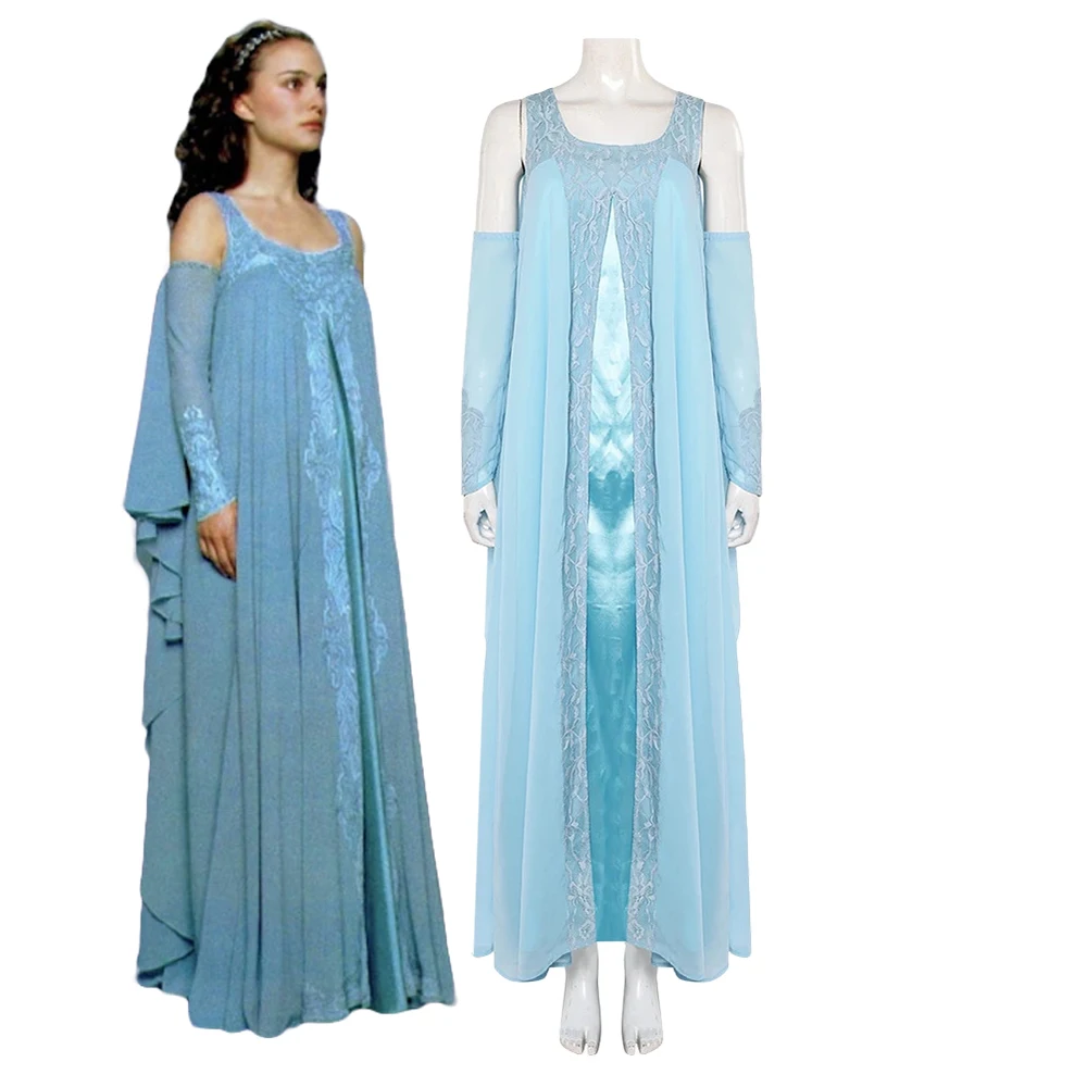 Fantasia Padme Cosplay Amidala Cloak Costume Roleplay Women Girls Blue Dress Arm Sleeves Halloween  Carnival Party Suit