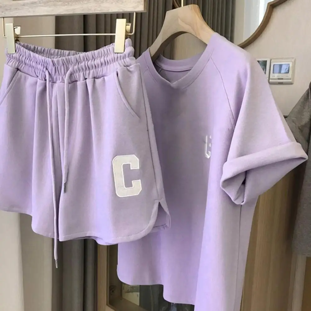 Chic Casual Round Neck Two Piece Set Above Knee Length Lady T-shirt Shorts Set Women Summer Tracksuit Sports