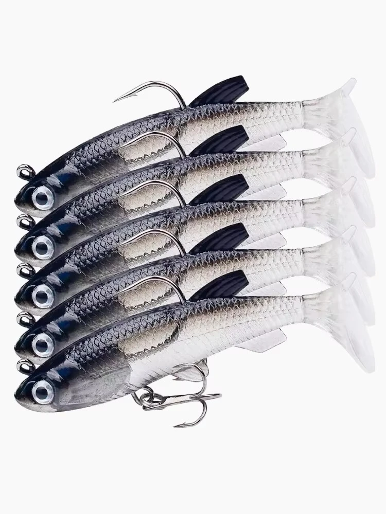 1pc leurre de pêche 75mm 85mm artificiel coulant Swimbait bouclés T queue gabarit tête souple appât en caoutchouc marchandises pour bar brochet