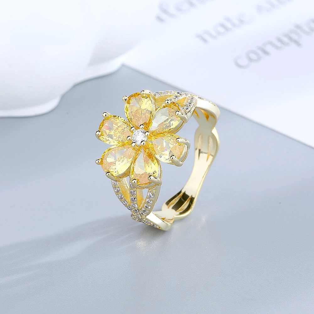 Pink Yellow Flower Sparkling Zircon Engagement Wedding Ring 18K Gold Plated White Gold Plated Jewelry