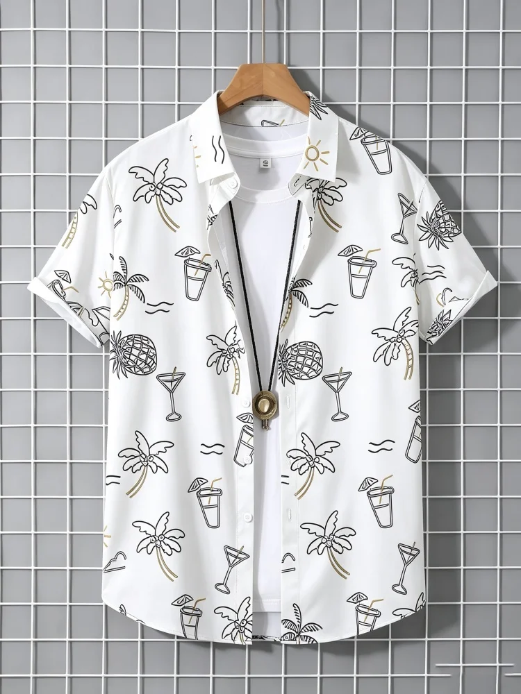 Men's retro newspaper printed short sleeved shirt with lapel buttons, street casual vacation shirt