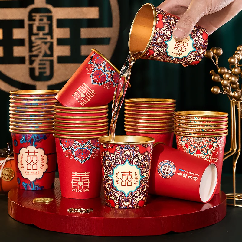 Disposable Paper Cup Suitable Wedding Home Festival Red Thickened Gold Foil Festive High-End Tea Holiday Universal Simple 50pcs