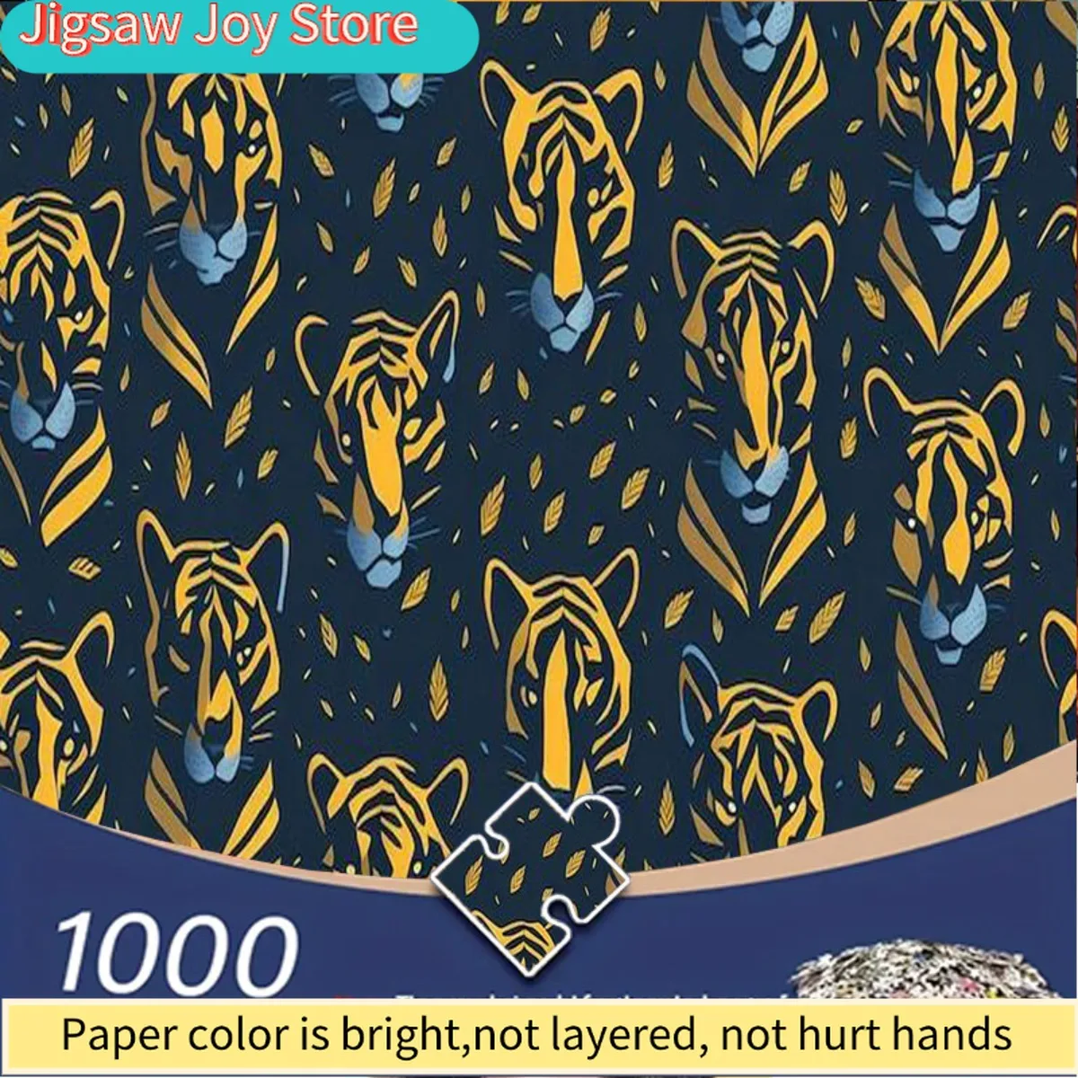 

Пазл для взрослых, 1000 элементов - голова желтого тигра и золотые листья, повторяющиеся на темно-синем фоне. Подходит для образовательных целей.