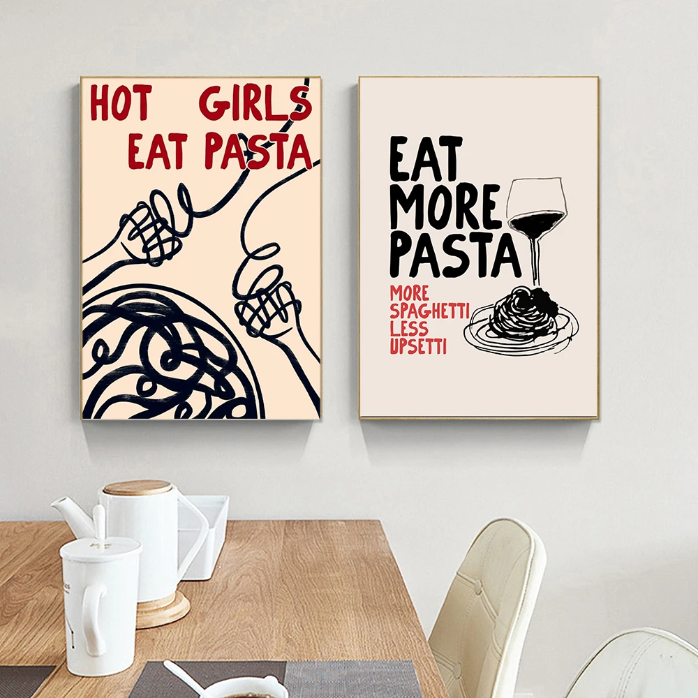 

Hot Girls Eat Pasta Art Prints and Posters Cartoon Wall Art Pictures Vintage Kitchen Dining Room Decor Canvas Painting