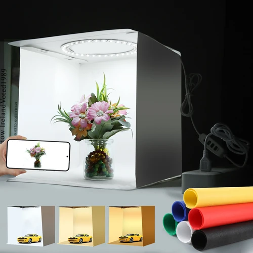 Panel LED de anillo de 23cm, iluminación fotográfica portátil plegable, Mini Kit de caja de tienda de fotografía de estudio con fondos de 6 colores, caja de fotos