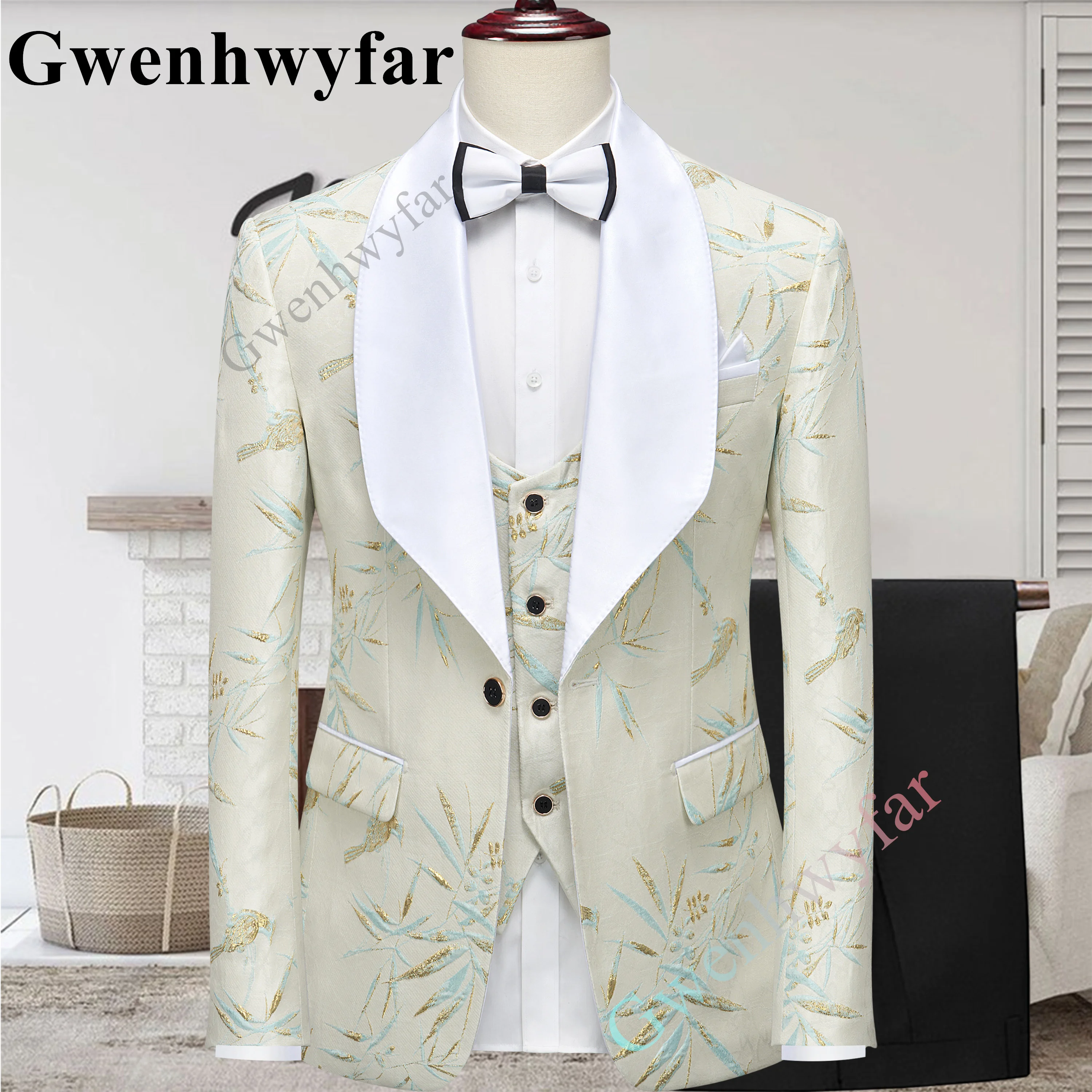 

Gwenhwyfar Bamboo Pattern New Arrival Handsome Groomsmen Mandarin Lapel Groom Tuxedo Male Suit Wedding Best Men Blazer Pant Vest