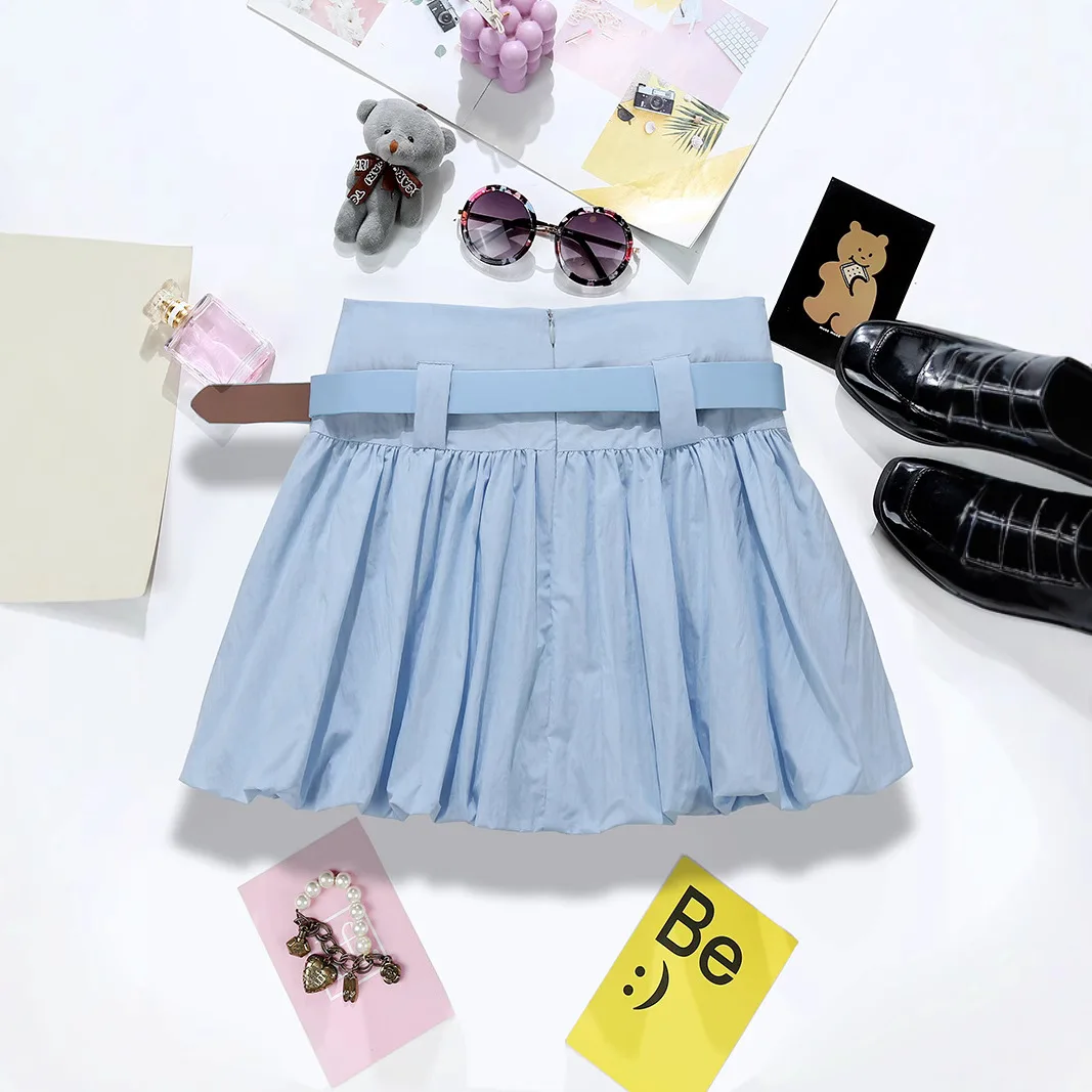 

2025 New Pleated Cloud Puffy Skirt Summer Women Clothing Solid High Waist Sweet Bud Mini Skirts for Women with Belt