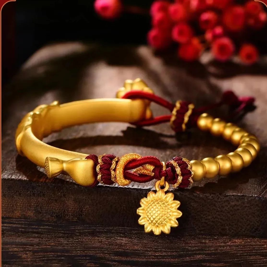 9999 real gold 24K yellow gold Lotus Lotus Half Bracelet Bracelet Ancient Method Curved Tube Sunflower