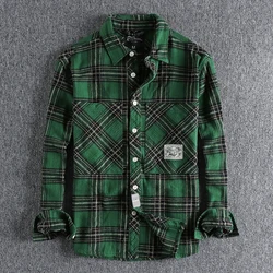 8112# Autumn New Japanese Retro Cargo Sueded Plaid Shirt Men's Fashion 100% Cotton Washed Old Pocket Long Sleeve Casual Blouses