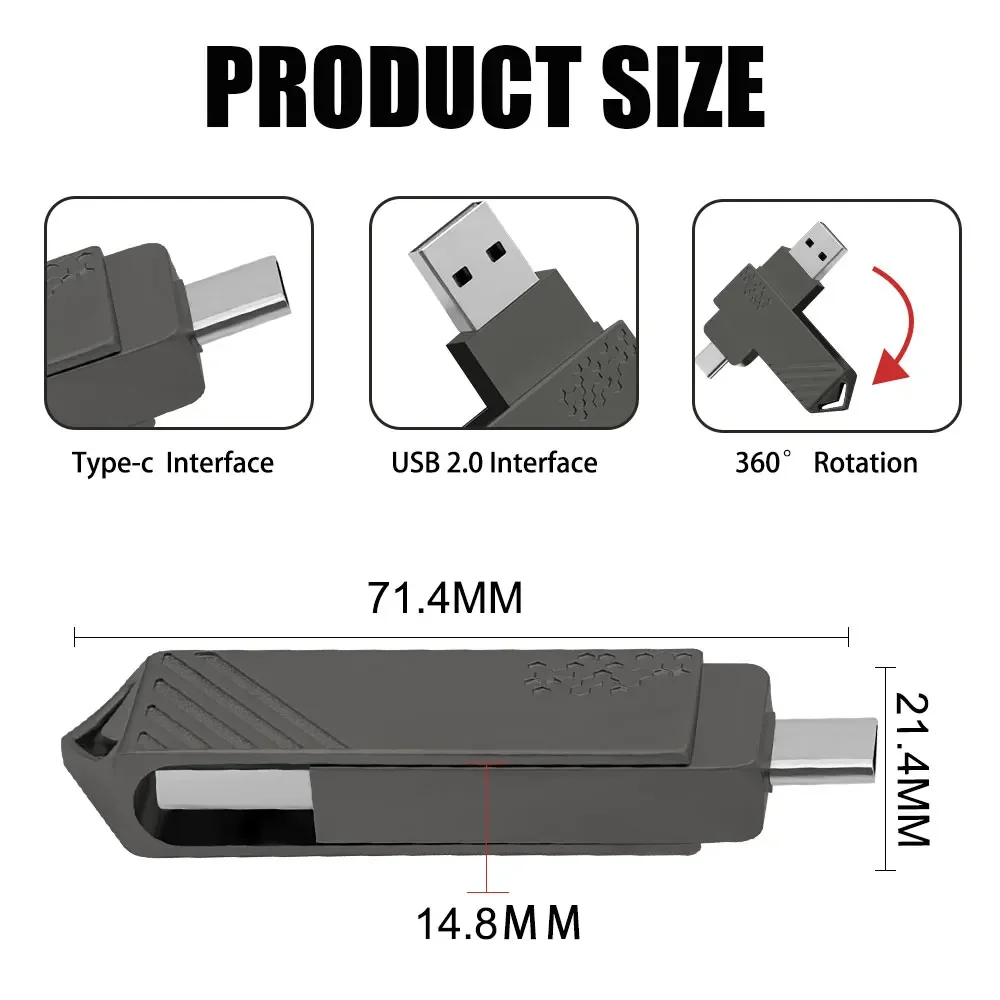 Clé USB rotative de type C pour ordinateur et téléphone portable, clé USB 2.0, disque U, interface touristique, 32 Go, 16 Go, 8 Go, 4 Go, 2 en 1, 64 Go, 128 Go