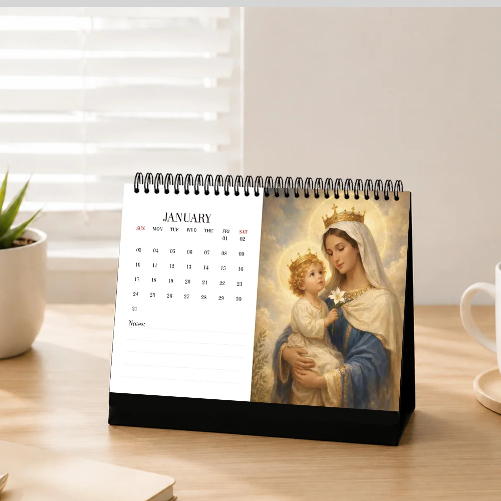 1pc 2027 Virgin Mary Desktop Calendar, Illustrative Style, 12-Month Plan, Perfect Gift For Birthdays, Christmas, New Year