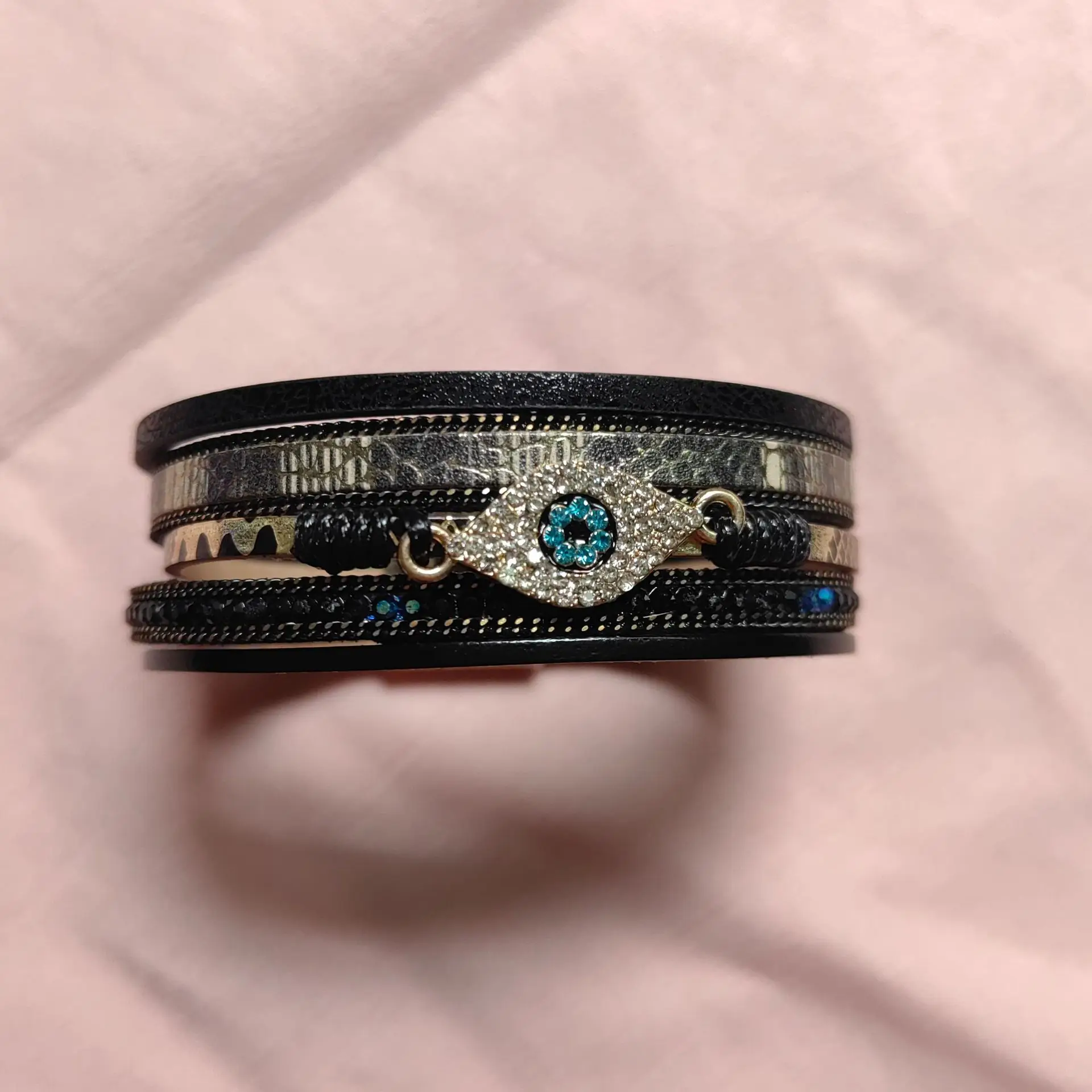 Stackable Evil Eye Bracelets Genuine Leather Rhinestone Multi Layer Boho Protection Bracelet Daily Wardrobe Essential