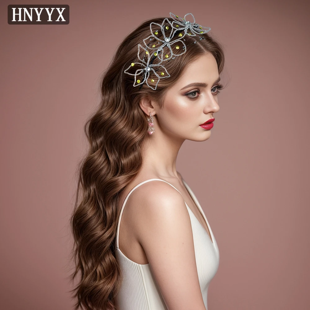 HNYYX Rhinestone Headband for Women Wedding Bride Headdress Girls Flower Beaded Head Hoop Shiny Hair Jewelry Accessories A197