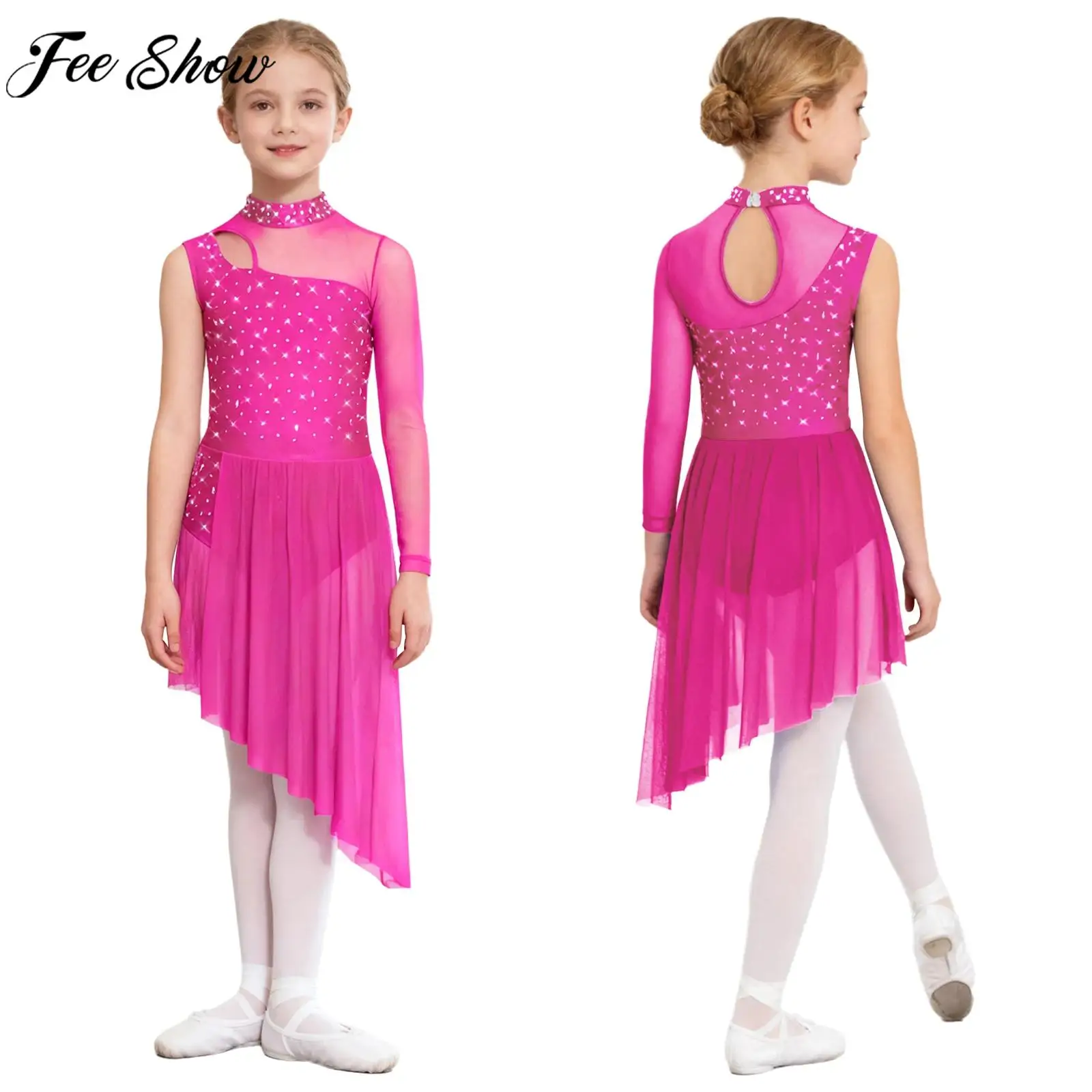 

Детский современный лирический танцевальный костюм для девочек, прозрачное сетчатое трико с блестящими стразами, платье для фигурного катания, гимнастики, акробатики, одежда