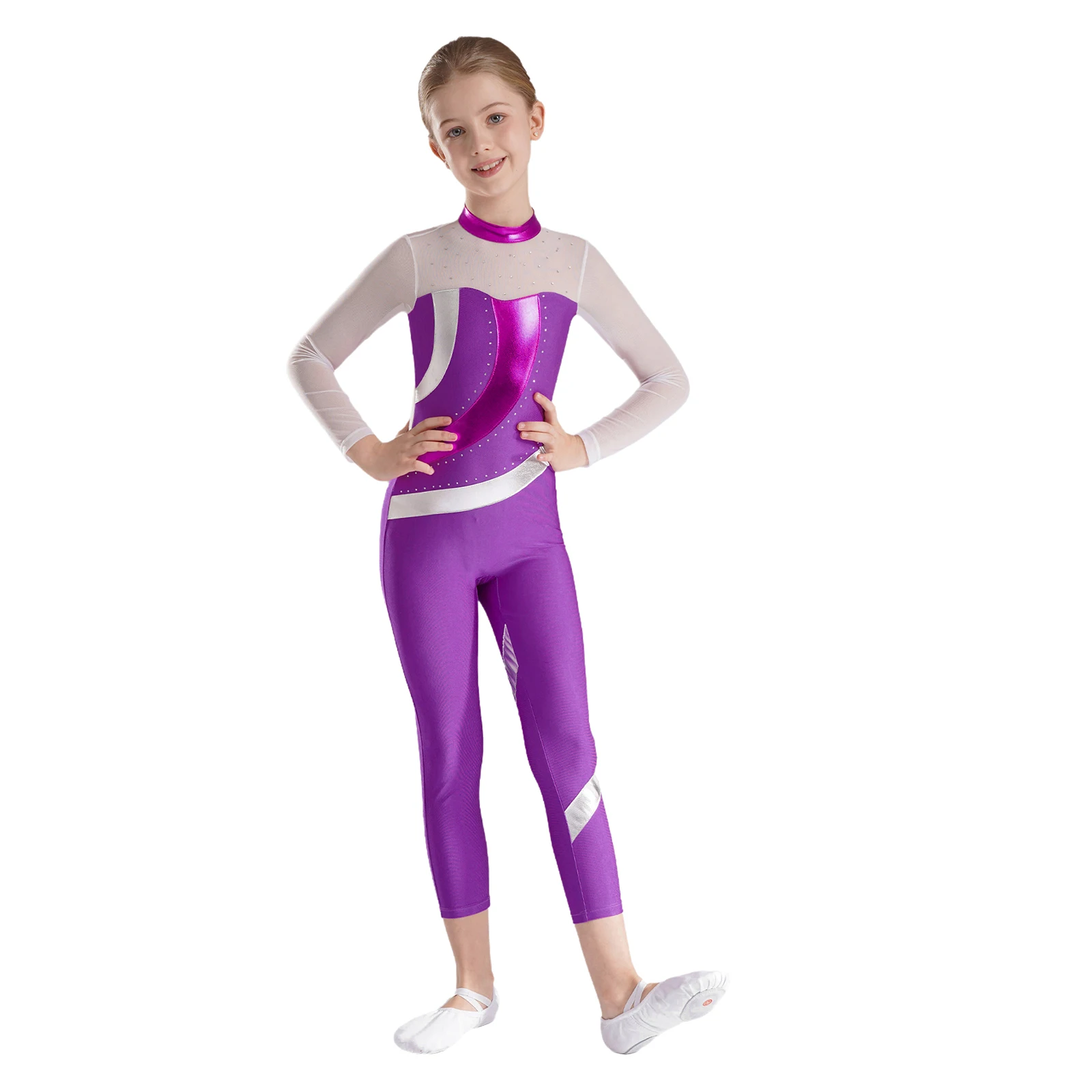 Mono de patinaje artístico para niñas, trajes de baile brillantes, mono de manga larga, Ropa de baile para Ballet, danza y gimnasia