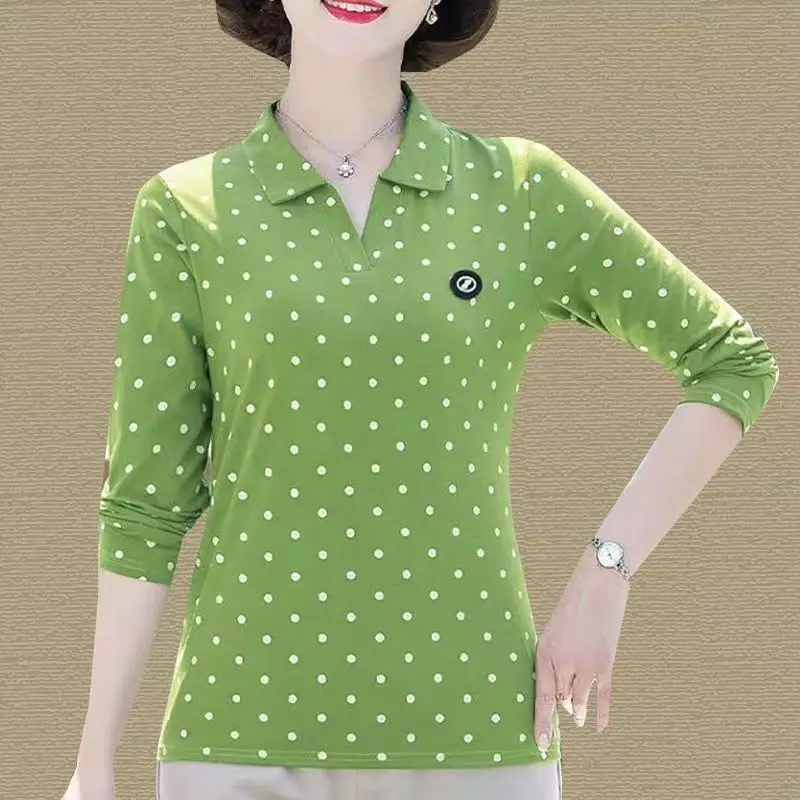 Stylish Long Sleeve Polka Dot Base Shirt for Middle-Aged And Elderly Women Spring Fashion Casual Loose Polyester T-Shirt