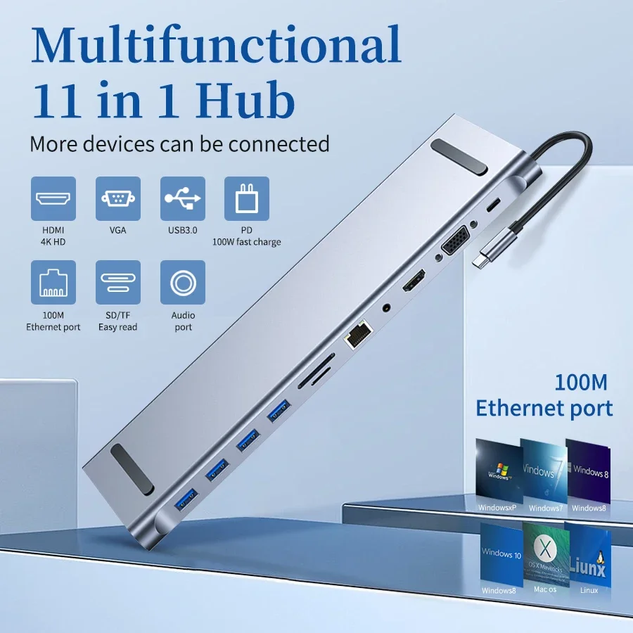 

USB-концентратор USB-адаптер типа C 11 в 1 USB C-HDMI-совместимый порт Ethernet со слотом для чтения TF SD VGA для Macbook Pro Air Hub