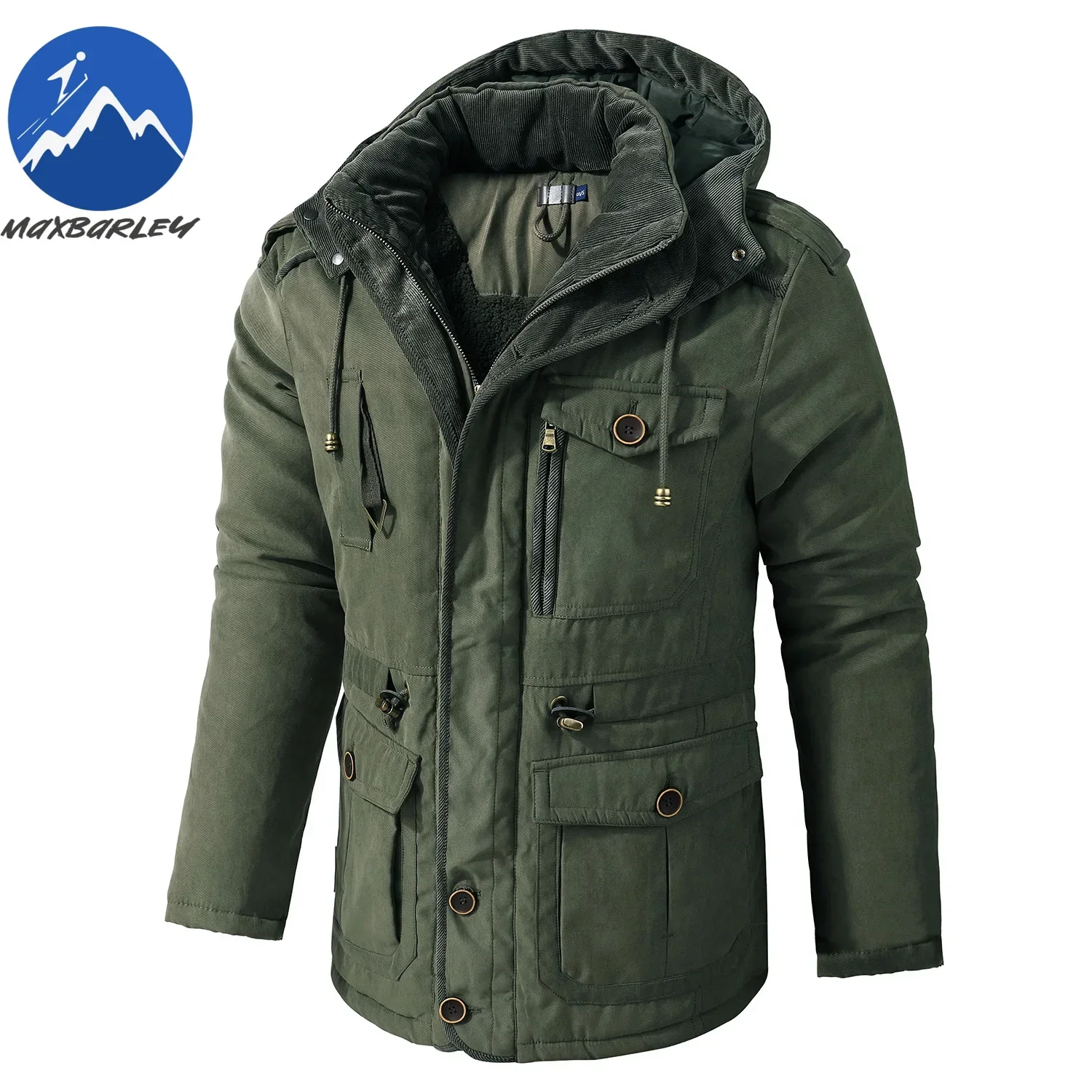 Windproof Fleece Jacket Men\'s Winter Vintage Warm Thick Hooded Parka 2024 New Camping Snow Cold-proof Pocket Coat Men\'s Clothing