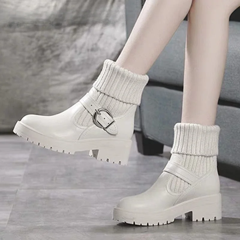 Fashion Knitting Leather Splicing Ankle Boots for Women Luxury Brand Belt Buckle Height Increasing Platform Boots Disfraz Mujer