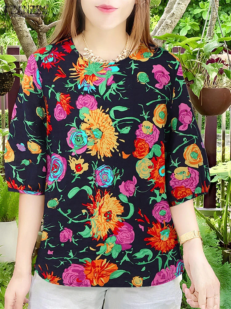 

Vintage Printed Blouses ZANZEA Women Summer Tunic Tops Casual 3/4 Sleeve Holiday Shirt O Neck Loose Floral Blusas Oversize 2025