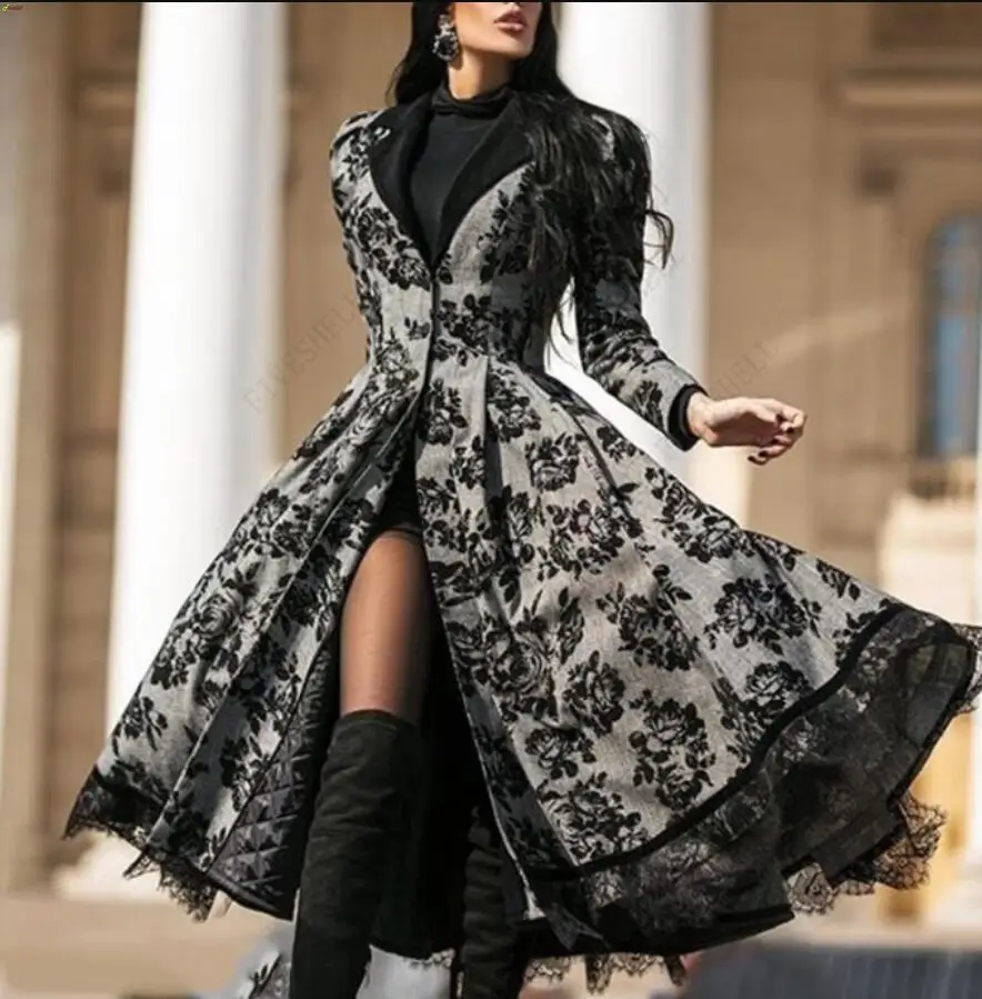 Frauen Kleid Herbst Winter Dame Mantel Langarm Medieval Spitze Nähte A-line Elegante Lange Schwarz Grau Cosplay Phantasie Kleider