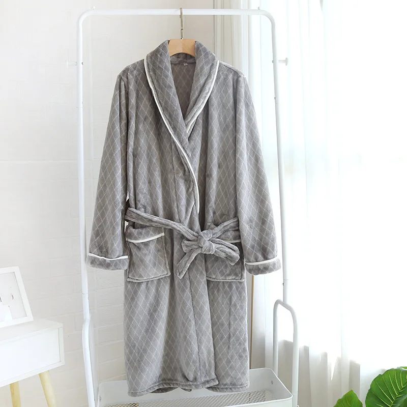 Couple's Flannel Pajamas Diamond Checkered Nightgown Women's Winter Thickened Warmth Soft Lace Up Homewear Loose Casual Bathrobe