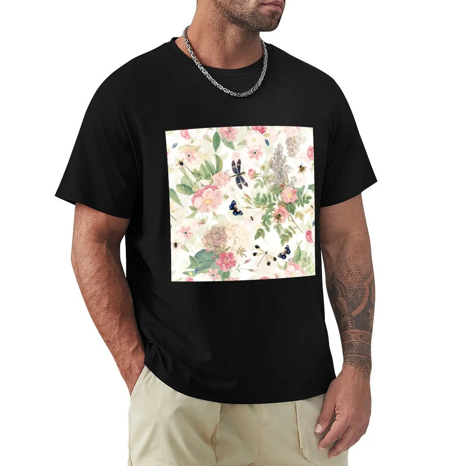 UtART - Vintage Roses Spring Flower And Early Insects Botanical Garden Pattern - Sepia Blush Cream white Nightgarden T-Shirt