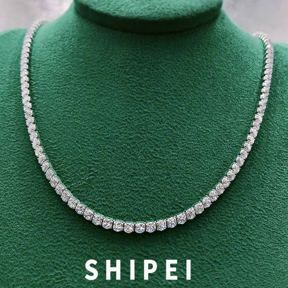 

SHIPEI Solid 925 Sterling Silver Round 3MM 4MM White Sapphire Gemstone Tennis Chain Necklace Bracelets Fine Jewelry For Women