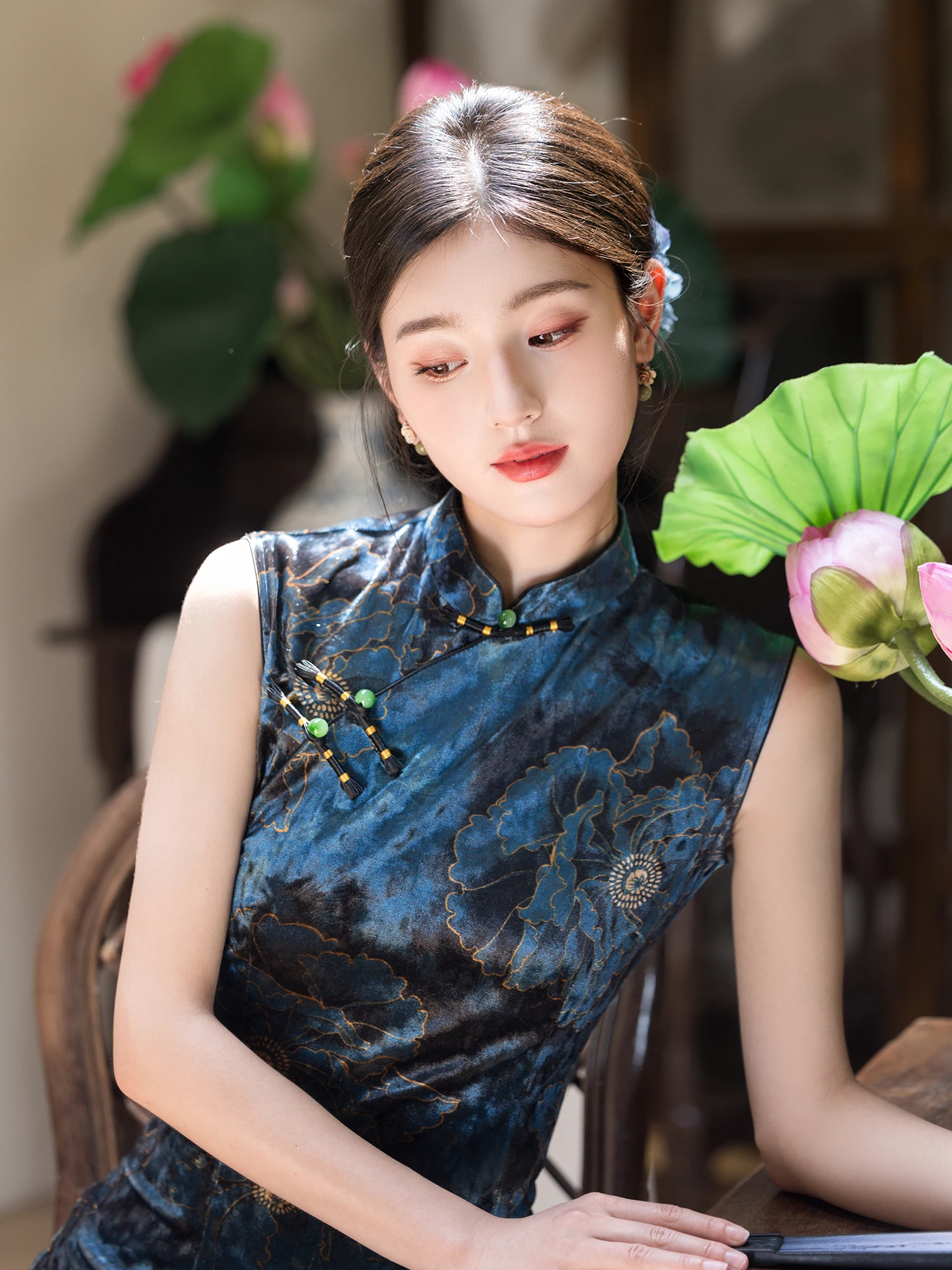 

Синее бархатное платье-ципао с низким разрезом для женщин, повседневное, осеннее, из полиэстера и спандекса