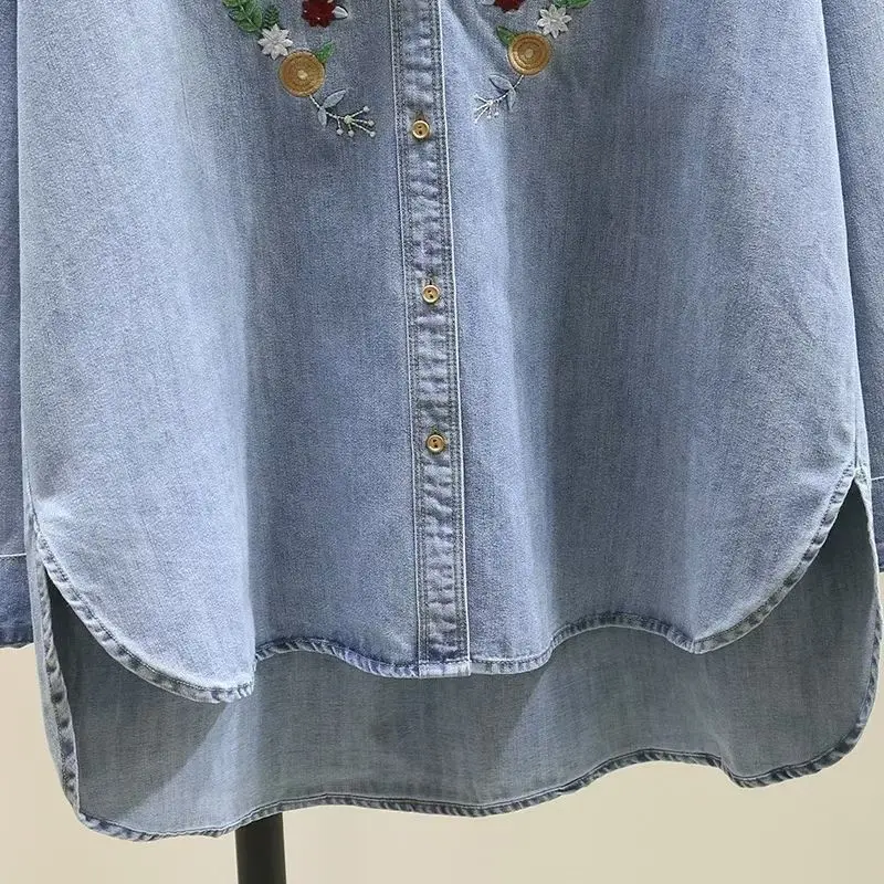 Women's Jeans Jacket No Curling Edges Retro Embroidery Denim Shirt Jacket Spring New Loose Design Long Sleeves Blouse Top