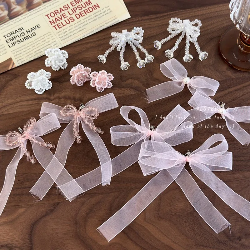Sweet Pink Ribbon Bow Crystal Beaded Shoe Clips for Sneakers Flats Loafers Removable Shoe Decorations Versatile Accessories